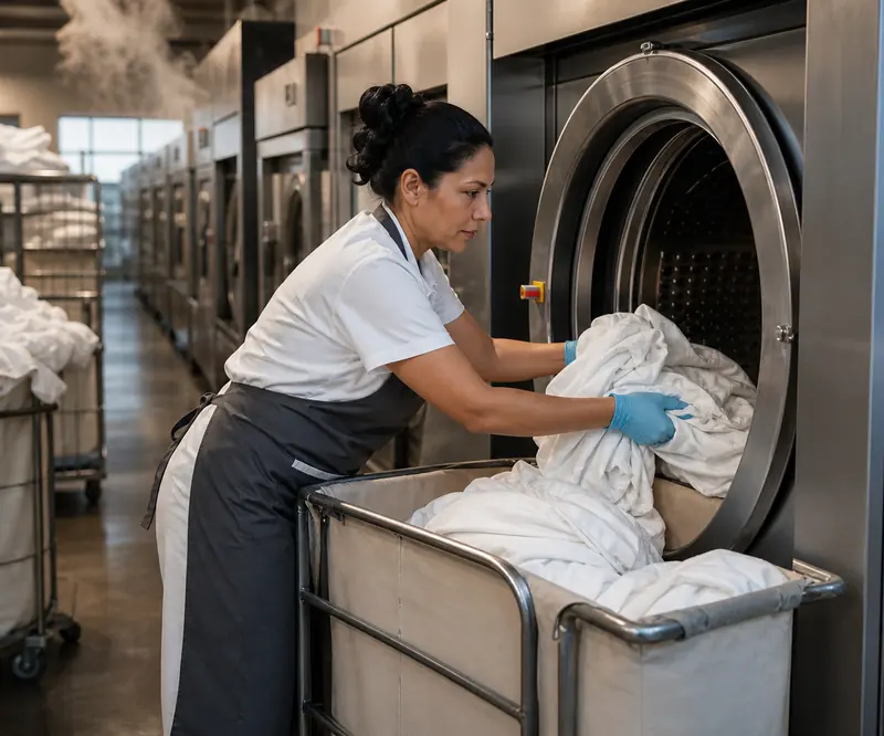 Cleaner working in a facility corridor