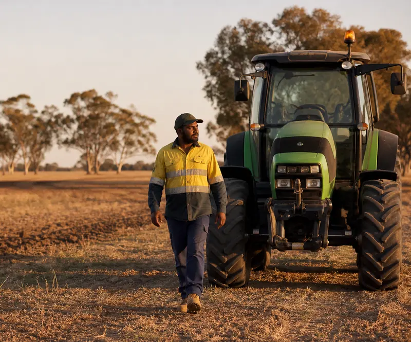 Farm worker walking beside a tractor in a dry paddock