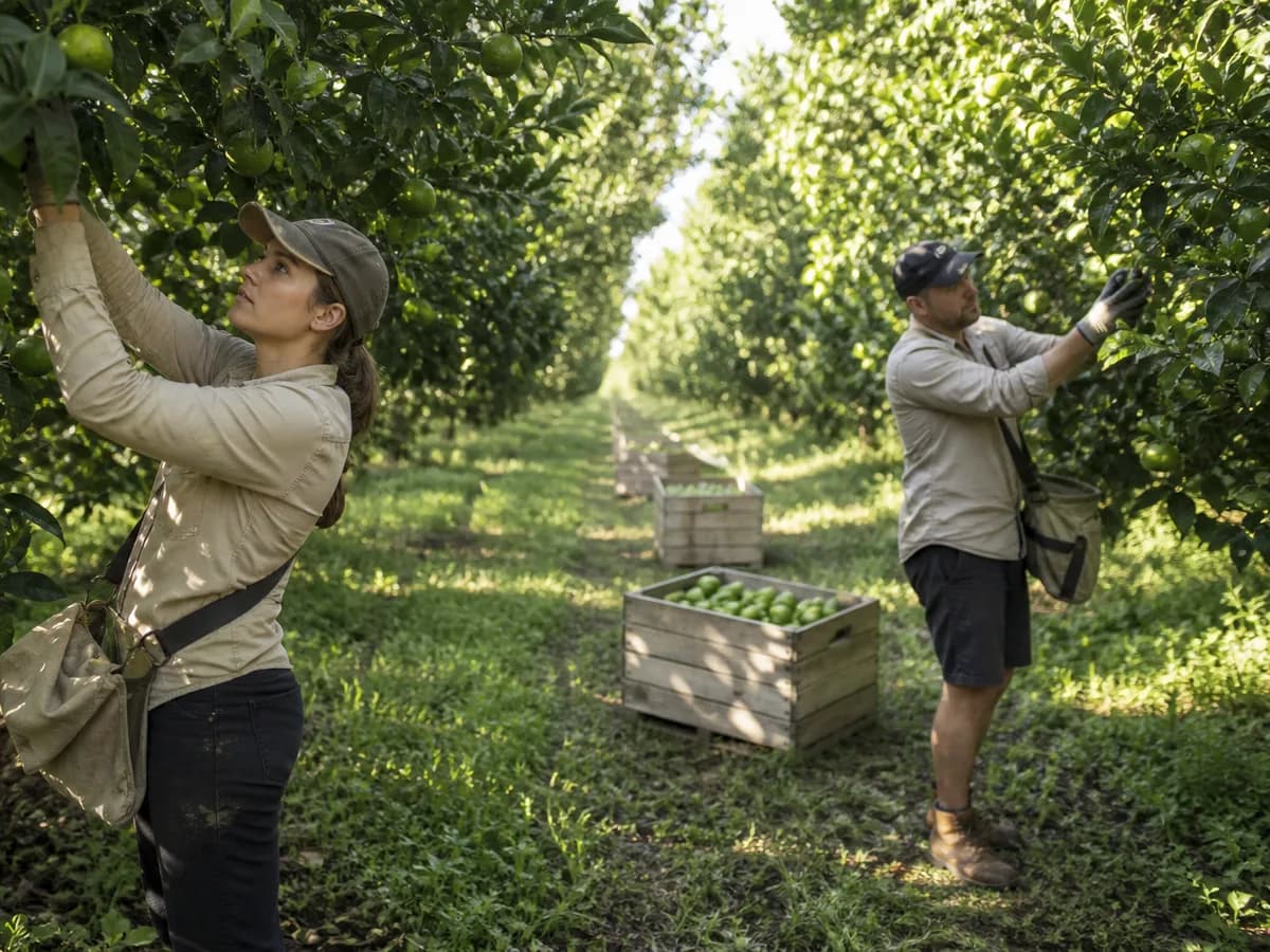 Two workers picking citrus in an orchard row