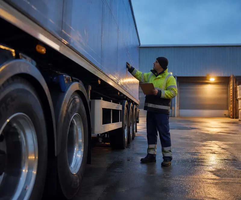 Driver checking a semi-trailer in a depot yard at dawn