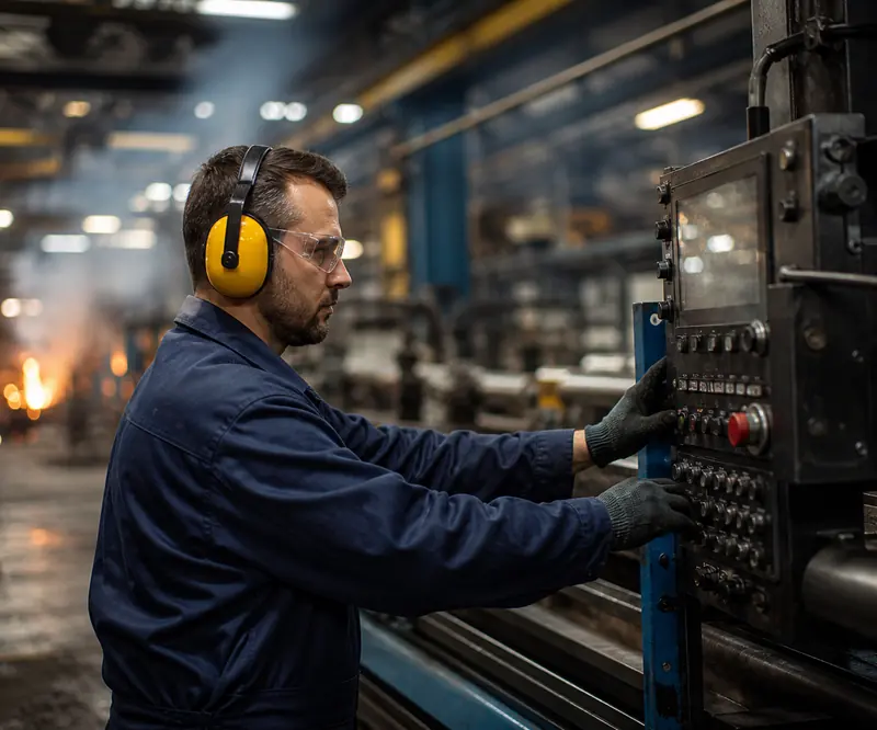 Worker in hearing protection operating machinery on a factory floor