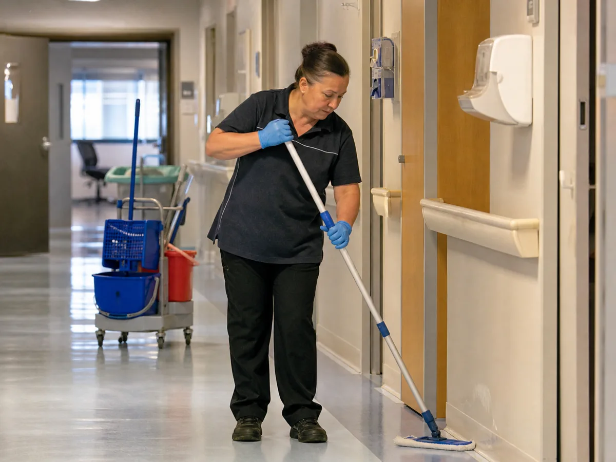 Cleaner working in a facility corridor